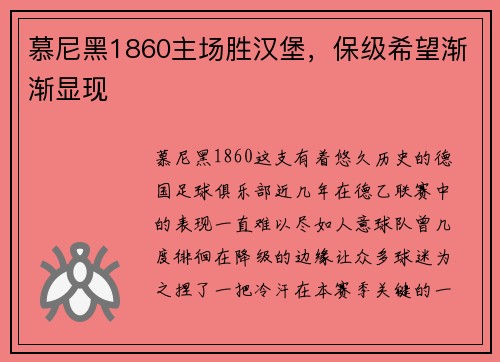 慕尼黑1860主场胜汉堡，保级希望渐渐显现